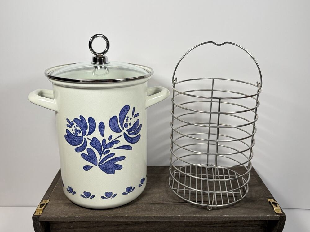 Vintage Pfaltzgraff Yorktowne Enamel Asparagus Pot, Lid, Metal Steamer Pre-Owned